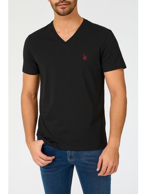 Erkek Siyah V Yaka Regular Fit Basic Tişört C2T0N2O2