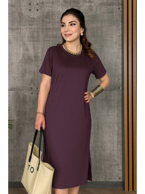 Equri Kadın Kısa Kollu Bisiklet Yaka Yırtmaçlı Viskon Iki Iplik Elbise