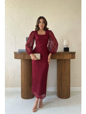 Gökyüzü Moda Bordo Güpür Detaylı Dantel Elbise