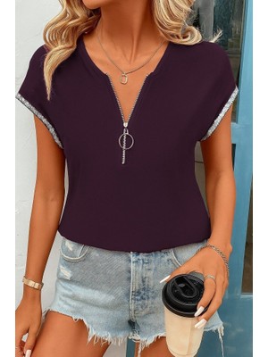 Arben Boutique Kadın Kısa Kollu Önden Fermuarlı Kol Ucu Işıltılı Viskon Bluz
