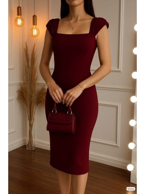 La Mode Istanbul Kadın Omuz Askılı Kare Yaka Detay Midi Boy Kalem Elbise