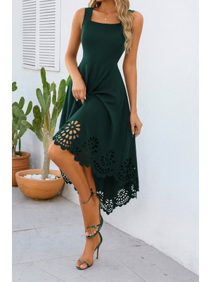 Arben Boutique Kadın Askılı Geometrik Yaka Çiçek Lazer Kesim Ithal Krep Elbise