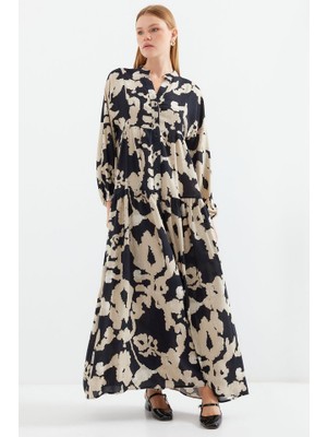 Modavera 2423 Otantik Desenli Tesettür Elbise - A.bej