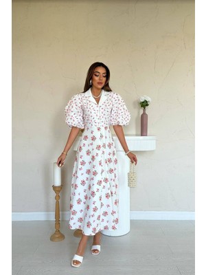 La Mode Istanbul Ekru Dijital Baskılı Elbise