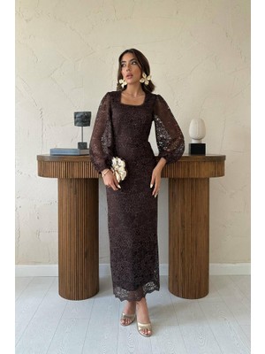 La Mode Istanbul Kahverengi Güpür Detaylı Dantel Elbise