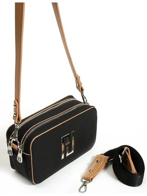 Just Polo Kadın Siyah Çapraz Askılı 2 Bölmeli Kutu Mini Omuz ve El Çantası