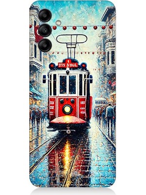 Samsung Galaxy A04S Uyumlu Yağmurlu Sokakta Kırmızı Tramvay  Desenli Silikon Kılıf