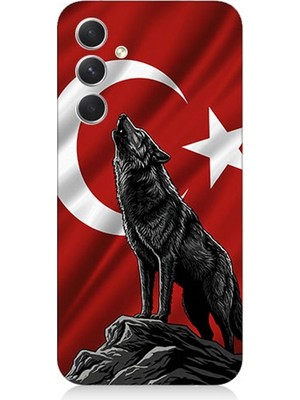 Samsung Galaxy A54 Uyumlu Bayrak Önünde Uluyan Kurt  Desenli Silikon Kılıf