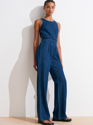 72020 Kemerli Denim Tulum-Lacivert