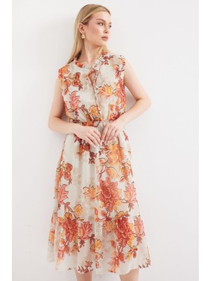 Gökyüzü Moda 2503 Desenli Sıfır Kol Şifon Elbise - Kiremit