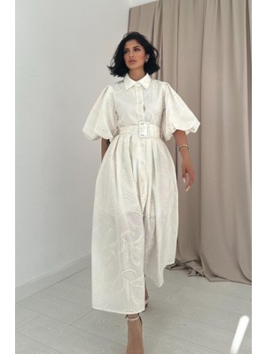 Gökyüzü Moda Ekru Pileli Balkon Elbise