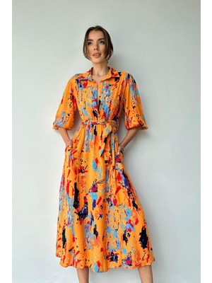 Gökyüzü Moda Oranj Çiçek Desenli Kemerli Elbise