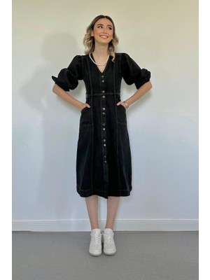 Gökyüzü Moda Siyah Balon Kol Kot Elbise