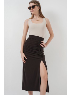 Gökyüzü Moda 8033 Sandy Yırtmaçlı Etek - Kahverengi