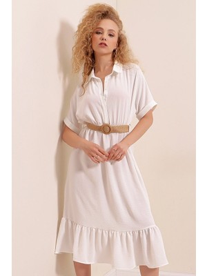 Gökyüzü Moda 2292 Kemerli Elbise - Beyaz