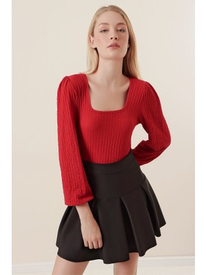 Gökyüzü Moda 0442 Uzun Kollu Bluz - Kırmızı