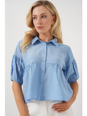 Gökyüzü Moda Kısa Kol Crop Gömlek 20335 - Mavi