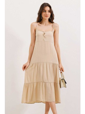 Gökyüzü Moda 2403 Askılı Midi Elbise - Krem