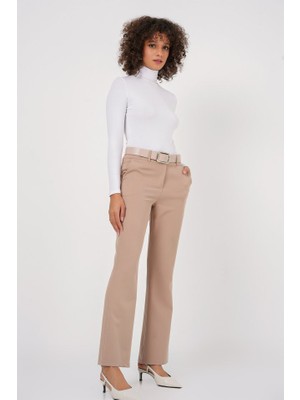 Gökyüzü Moda 6538 Kemerli Ispanyol Paça Pantolon - Bej