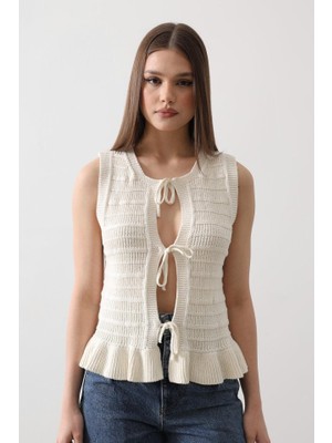 Gökyüzü Moda Önü Bağlamalı Yelek - Ekru