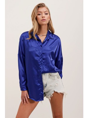 Gökyüzü Moda 3985 Oversize Saten Gömlek - Saks