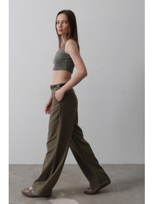 Gökyüzü Moda Kemerli Palazzo Pantolon - Haki-Beyaz