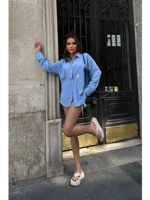 Gökyüzü Moda Sunshine Taş Detaylı Keten Gömlek 3393-08