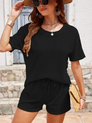 Gökyüzü Moda Kadın Kısa Kollu Bisiklet Yaka Alt ve Üst Waffle Ikili Takım