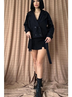 Gökyüzü Moda Siyah Kemerli Kısa Trech Ceket