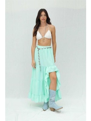 Gökyüzü Moda Audrey Fıfrlı Yırtmaç Detay Etek 4037