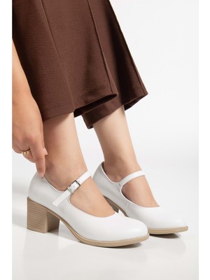 Kadın Hakiki Deri Bantlı Topuklu Ayakkabı - Beyaz
