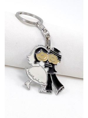 Sarılan Gelin Damat Figürlü Metal Anahtarlık, Hediyelik Düğün Anahtarlık