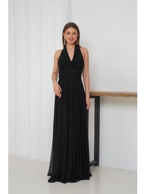 Boyundan Bağlamalı Siyah Uzun Abiye