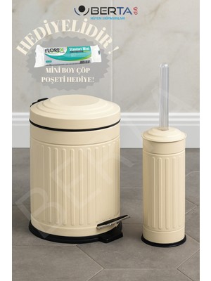 Vintage Banyo Seti Krem Çöp Kovası 5lt Tuvalet Fırçası Lüks Model