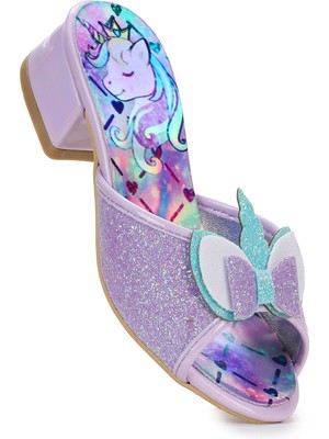 Kiko Kids Unicorn Kız Çocuk Topuklu Simli Abiye Terlik Lila Mikrofiber Malzeme ile Şık Tasarım