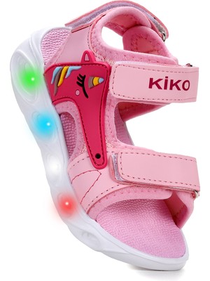 Kiko Kids Unicorn Günlük Işıklı Cırtlı Kız Bebek Sandalet Ayakkabı Pembe