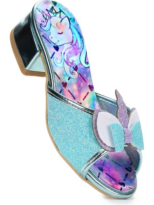 Kiko Kids Unicorn Kız Çocuk Topuklu Simli Abiye Terlik Su Yeşili