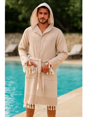 Kapşonlu Unisex Peştemal Plaj Bornozu %100 Pamuklu Seaside Stripe