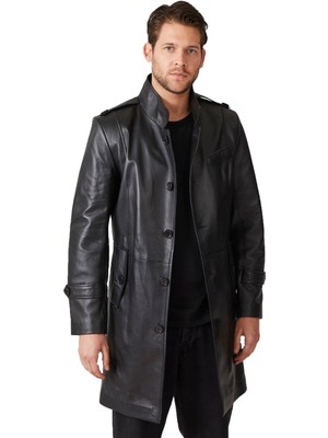 Deriderim Darryl Siyah Erkek Deri Kaban %100 Hakiki Deri Midi Uzun Kol Özellikli