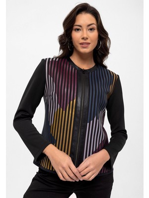 Deriderim Mavi Mor Siyah Lona Tül Üzerine Çizgili Deri Baskılı Kadın  Deri Ceket