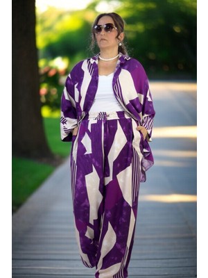 Oversıze Kesim Pamuklu Yazlık Kumaş Önden Düğmeli Gömlek Beli Lastikli Pantolon Büyük Mor