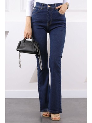 Koyu Mavi Yüksek Bel Ispanyol Paça Jeans Pantolon