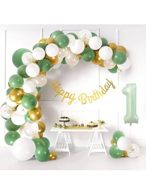 Adaçayı Yeşili Rakam Folyolu Soğum Günü Yaş Balon Zincir Doğum Günü Parti Seti Süsü