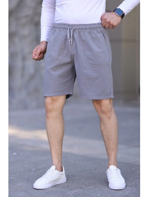 Gri Keten Erkek Şort - Yazlık Baggy Model