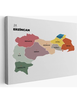 Erzincan  Ili ve Ilçeler Haritası  Dekoratif Kanvas Tablo 1334