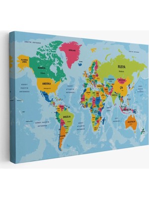Türkçe Dünya Haritası Ülke Başkentli ve Okyanuslu Dekoratif Kanvas Tablo 2244
