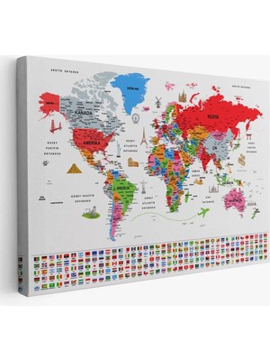 Türkçe Dünya Haritası Ayrıntılı Eğitici  Sembollü Bayraklı Dekoratif Kanvas Tablo 2884