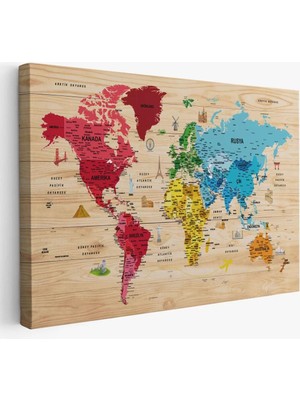 Ahşap Görünümlü Türkçe Dünya Haritası Sembollü Eğitici Kanvas Tablo 2949