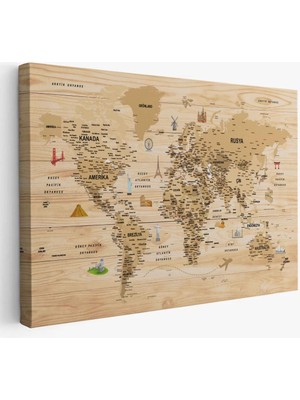 Ahşap Görünümlü Türkçe Dünya Haritası Sembollü Eğitici Kanvas Tablo 2945
