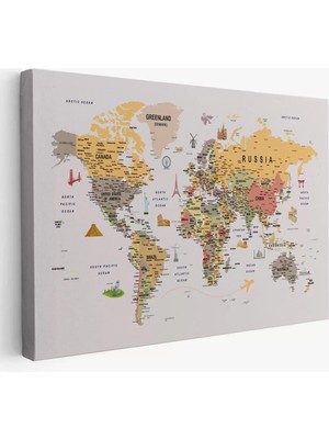 Dünya Haritası Çok Detaylı Ünlü Yerler Sembollü Kanvas Tablo 1748